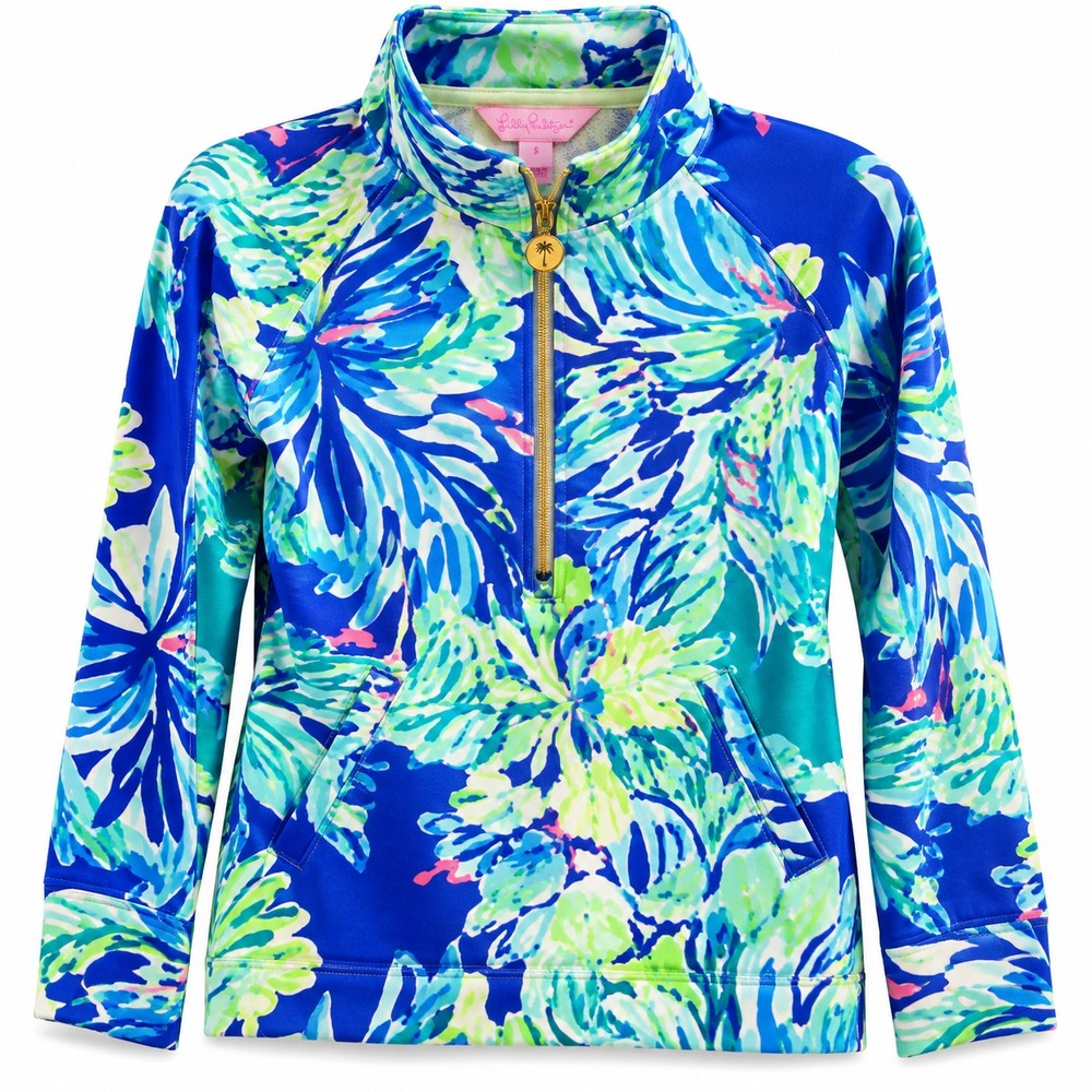 Lilly Pulitzer Skipper Popover Women Small Blue Green Tropical Half Zip Pullover